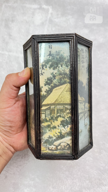 木胎玻璃画山水诗文六方笔筒 - 图5